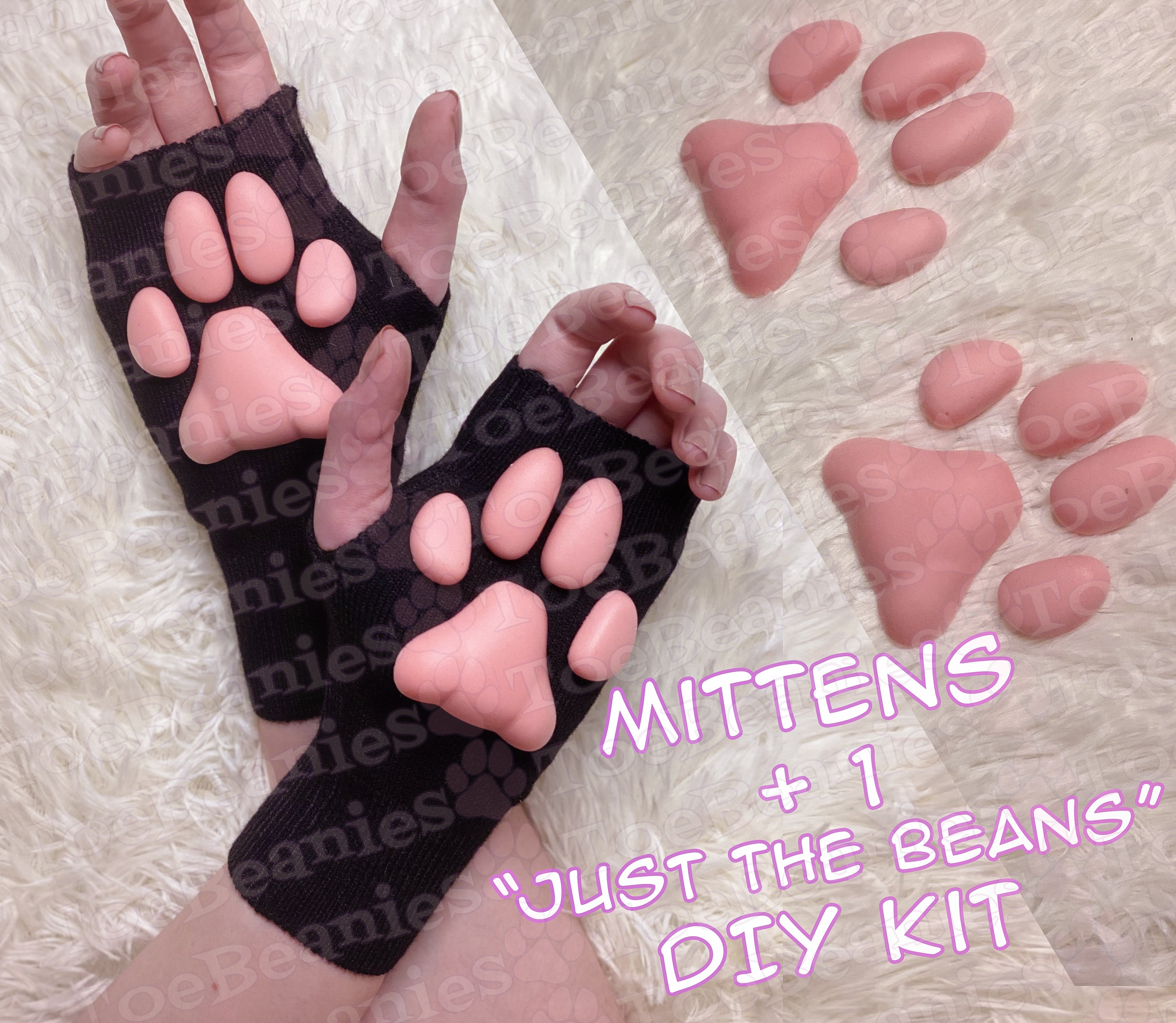 PREORDER SET OF ToeBeanies Pink Kitten Pawpads on Black Mittens + "Just the Beans" DIY Kit