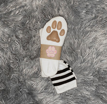Load image into Gallery viewer, Coffee Brown Kitten ToeBeanies on Above the Knee White w/ Black Striped Socks
