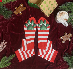 "Evergreen" ToeBeanies on Red and White Striped Socks