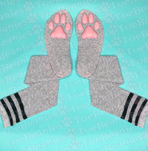 PREORDER Pink Kitten ToeBeanies on Light Grey w/ Black Striped Socks