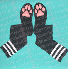 Load image into Gallery viewer, PREORDER Pink Kitten ToeBeanies on Dark Grey w/ White Striped Socks