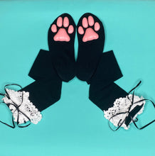 Load image into Gallery viewer, Pink Kitten ToeBeanies on Black w/ White Lace Socks