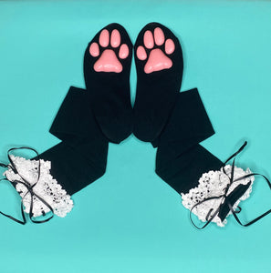 Pink Kitten ToeBeanies on Black w/ White Lace Socks