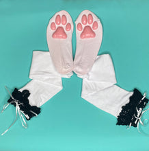Load image into Gallery viewer, Pink Kitten ToeBeanies on White w/ Black Lace Socks