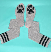 Load image into Gallery viewer, Black Kitten ToeBeanies on Grey w/ Black Striped Socks