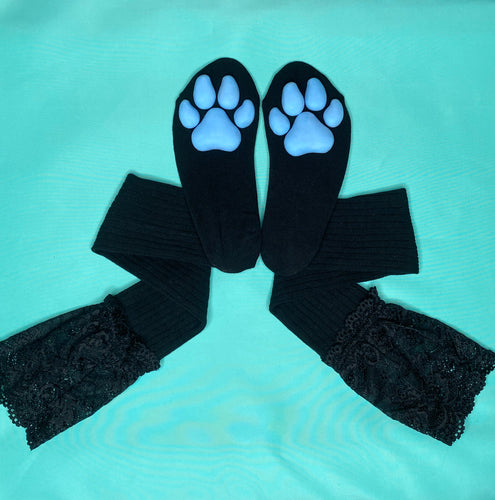 Blue Puppy ToeBeanies on Black Socks w/ Lace