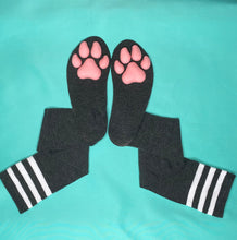 Load image into Gallery viewer, Pink Puppy ToeBeanies on Dark Grey w/ White Striped Socks