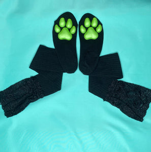 Green Puppy ToeBeanies on Black Socks w/ Lace