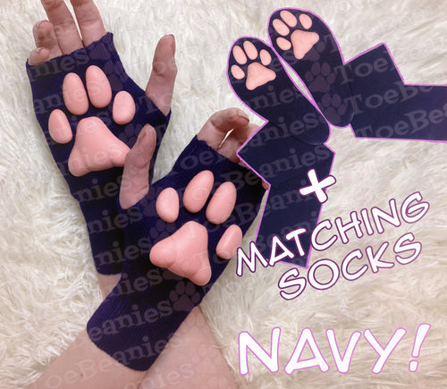 PREORDER MATCHING SET ToeBeanies Pink Kitten Pawpads on Navy Mittens + Socks