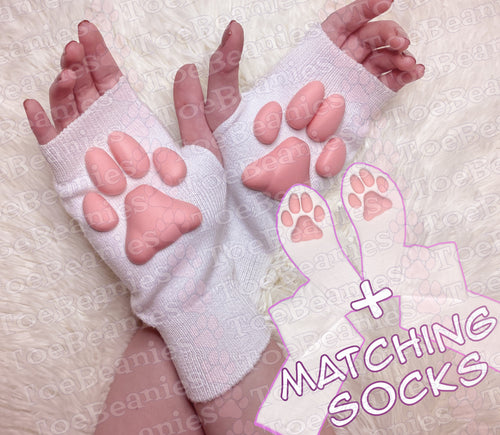 PREORDER MATCHING SET ToeBeanies Pink Kitten Pawpads on White Mittens + Socks