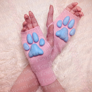PREORDER "Cotton Candy" ToeBeanies Blue Kitten Pawpads on Pink Mittens
