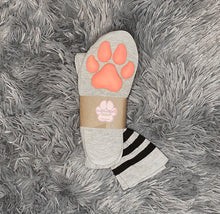 Load image into Gallery viewer, Pink Puppy ToeBeanies on Above the Knee Light Grey w/ Black Striped Socks