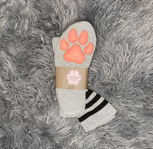 Pink Puppy ToeBeanies on Above the Knee Light Grey w/ Black Striped Socks