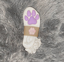 Load image into Gallery viewer, Purple Puppy ToeBeanies on Ankle High White Ruffle Socks