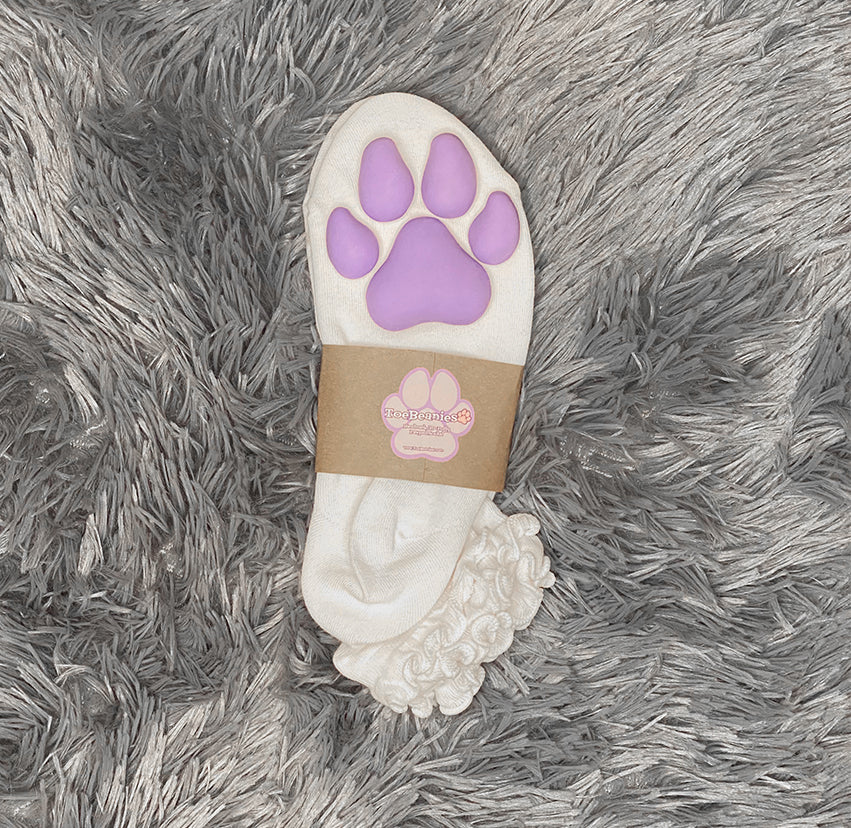 Purple Puppy ToeBeanies on Ankle High White Ruffle Socks