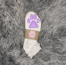 Load image into Gallery viewer, Purple Kitten ToeBeanies on Ankle High White Ruffle Socks