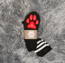 Load image into Gallery viewer, Red Kitten ToeBeanies on Above the Knee Black w/ White Striped Socks