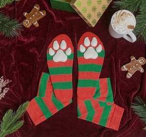 "Powdered Snow" ToeBeanies on Red and Green Striped Socks