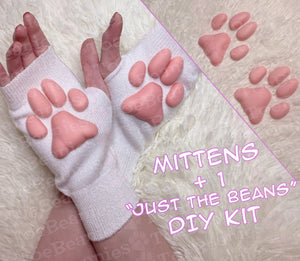 PREORDER SET OF ToeBeanies Pink Kitten Pawpads on White Mittens + "Just the Beans" DIY Kit